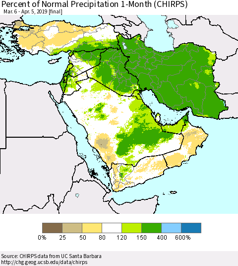 Middle East and Turkey Percent of Normal Precipitation 1-Month (CHIRPS) Thematic Map For 3/6/2019 - 4/5/2019