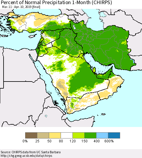 Middle East and Turkey Percent of Normal Precipitation 1-Month (CHIRPS) Thematic Map For 3/11/2019 - 4/10/2019