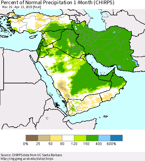Middle East and Turkey Percent of Normal Precipitation 1-Month (CHIRPS) Thematic Map For 3/16/2019 - 4/15/2019
