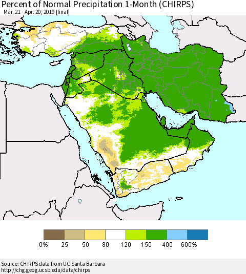 Middle East and Turkey Percent of Normal Precipitation 1-Month (CHIRPS) Thematic Map For 3/21/2019 - 4/20/2019