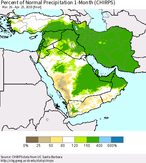 Middle East and Turkey Percent of Normal Precipitation 1-Month (CHIRPS) Thematic Map For 3/26/2019 - 4/25/2019