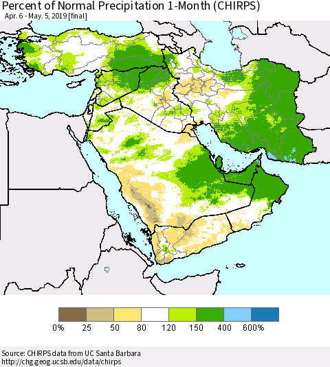 Middle East and Turkey Percent of Normal Precipitation 1-Month (CHIRPS) Thematic Map For 4/6/2019 - 5/5/2019