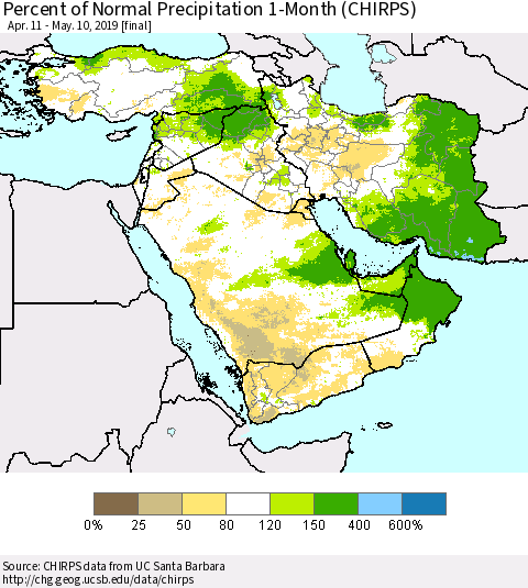 Middle East and Turkey Percent of Normal Precipitation 1-Month (CHIRPS) Thematic Map For 4/11/2019 - 5/10/2019