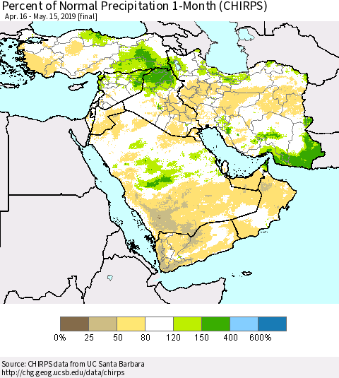 Middle East and Turkey Percent of Normal Precipitation 1-Month (CHIRPS) Thematic Map For 4/16/2019 - 5/15/2019