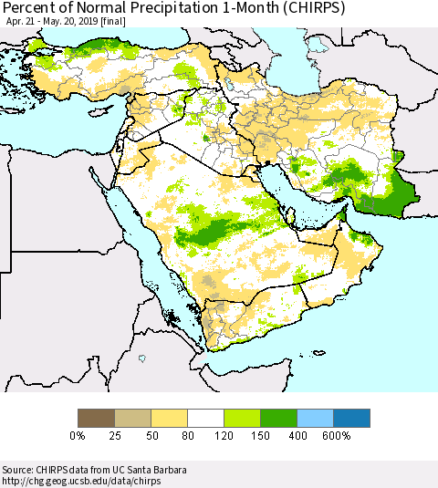 Middle East and Turkey Percent of Normal Precipitation 1-Month (CHIRPS) Thematic Map For 4/21/2019 - 5/20/2019
