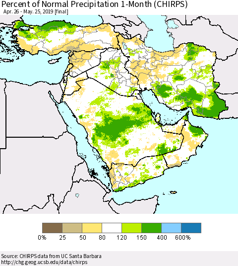 Middle East and Turkey Percent of Normal Precipitation 1-Month (CHIRPS) Thematic Map For 4/26/2019 - 5/25/2019