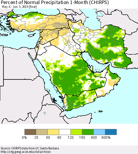 Middle East and Turkey Percent of Normal Precipitation 1-Month (CHIRPS) Thematic Map For 5/6/2019 - 6/5/2019