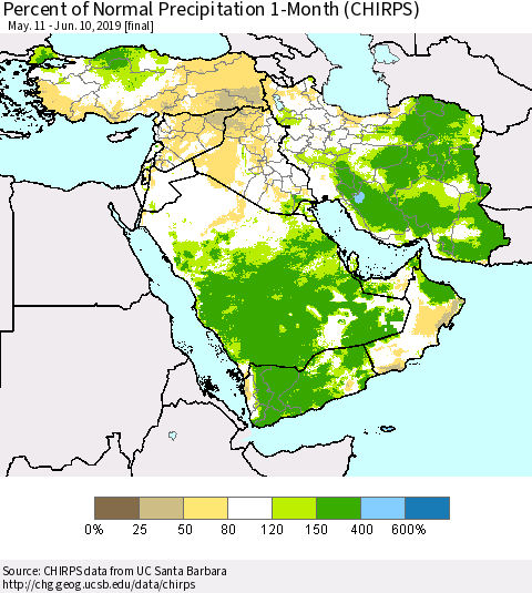 Middle East and Turkey Percent of Normal Precipitation 1-Month (CHIRPS) Thematic Map For 5/11/2019 - 6/10/2019