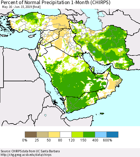 Middle East and Turkey Percent of Normal Precipitation 1-Month (CHIRPS) Thematic Map For 5/16/2019 - 6/15/2019