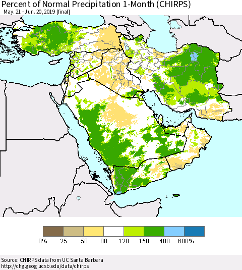 Middle East and Turkey Percent of Normal Precipitation 1-Month (CHIRPS) Thematic Map For 5/21/2019 - 6/20/2019