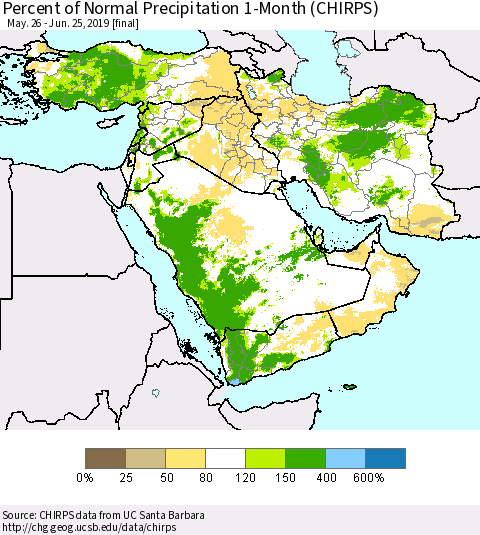 Middle East and Turkey Percent of Normal Precipitation 1-Month (CHIRPS) Thematic Map For 5/26/2019 - 6/25/2019