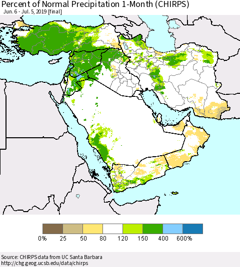 Middle East and Turkey Percent of Normal Precipitation 1-Month (CHIRPS) Thematic Map For 6/6/2019 - 7/5/2019