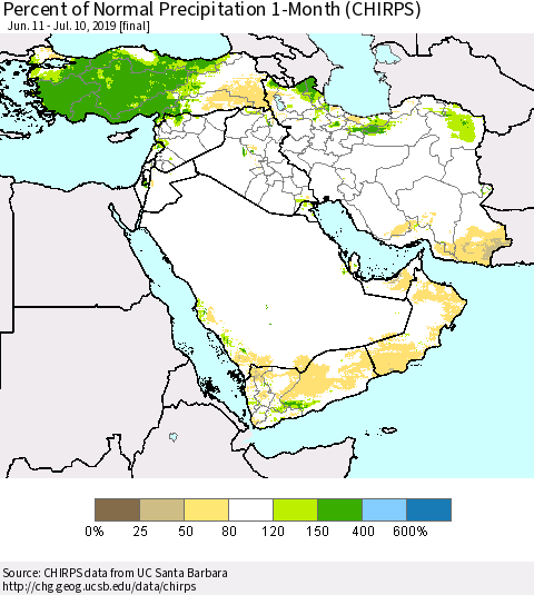Middle East and Turkey Percent of Normal Precipitation 1-Month (CHIRPS) Thematic Map For 6/11/2019 - 7/10/2019