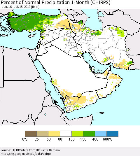 Middle East and Turkey Percent of Normal Precipitation 1-Month (CHIRPS) Thematic Map For 6/16/2019 - 7/15/2019