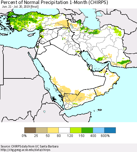 Middle East and Turkey Percent of Normal Precipitation 1-Month (CHIRPS) Thematic Map For 6/21/2019 - 7/20/2019