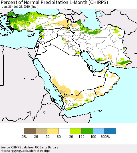 Middle East and Turkey Percent of Normal Precipitation 1-Month (CHIRPS) Thematic Map For 6/26/2019 - 7/25/2019