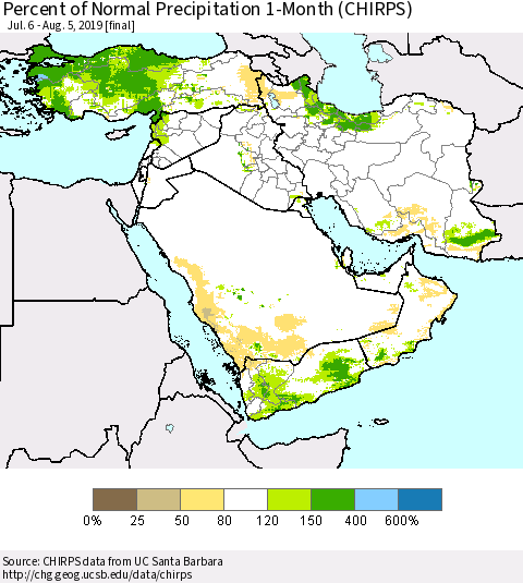 Middle East and Turkey Percent of Normal Precipitation 1-Month (CHIRPS) Thematic Map For 7/6/2019 - 8/5/2019