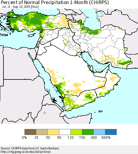 Middle East and Turkey Percent of Normal Precipitation 1-Month (CHIRPS) Thematic Map For 7/11/2019 - 8/10/2019