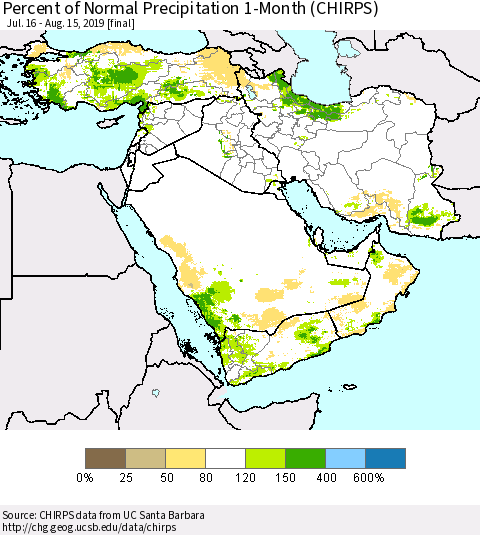 Middle East and Turkey Percent of Normal Precipitation 1-Month (CHIRPS) Thematic Map For 7/16/2019 - 8/15/2019