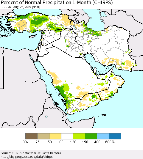 Middle East and Turkey Percent of Normal Precipitation 1-Month (CHIRPS) Thematic Map For 7/26/2019 - 8/25/2019