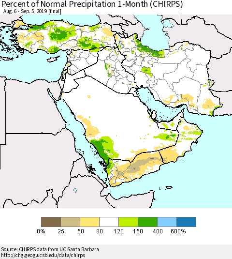 Middle East and Turkey Percent of Normal Precipitation 1-Month (CHIRPS) Thematic Map For 8/6/2019 - 9/5/2019