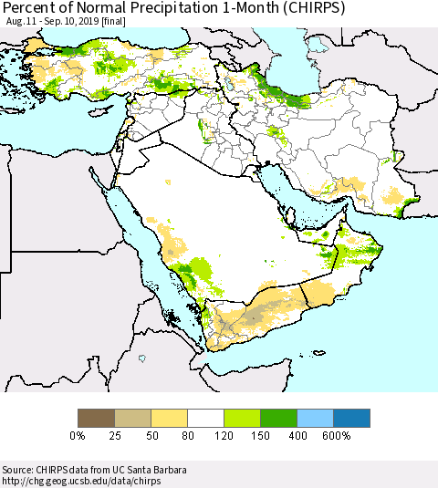 Middle East and Turkey Percent of Normal Precipitation 1-Month (CHIRPS) Thematic Map For 8/11/2019 - 9/10/2019