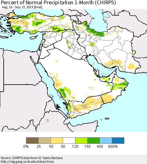 Middle East and Turkey Percent of Normal Precipitation 1-Month (CHIRPS) Thematic Map For 8/16/2019 - 9/15/2019