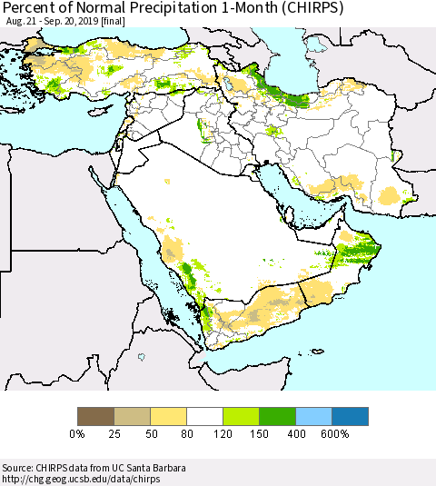 Middle East and Turkey Percent of Normal Precipitation 1-Month (CHIRPS) Thematic Map For 8/21/2019 - 9/20/2019