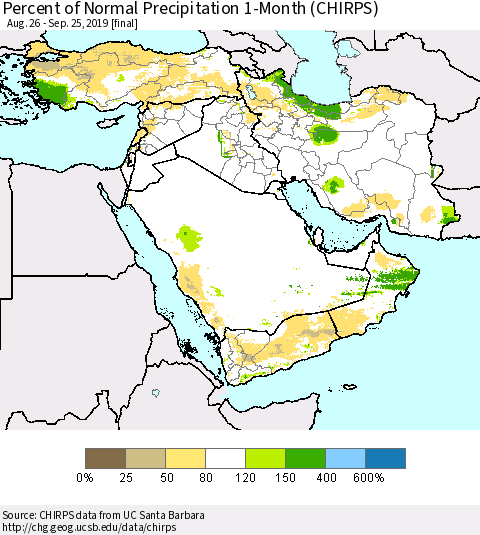 Middle East and Turkey Percent of Normal Precipitation 1-Month (CHIRPS) Thematic Map For 8/26/2019 - 9/25/2019
