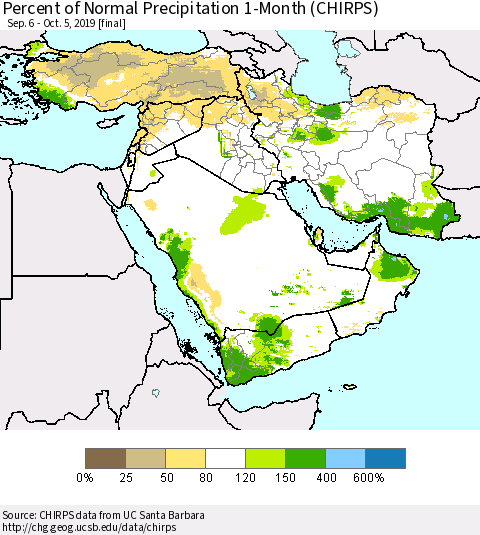 Middle East and Turkey Percent of Normal Precipitation 1-Month (CHIRPS) Thematic Map For 9/6/2019 - 10/5/2019