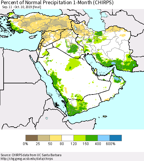 Middle East and Turkey Percent of Normal Precipitation 1-Month (CHIRPS) Thematic Map For 9/11/2019 - 10/10/2019
