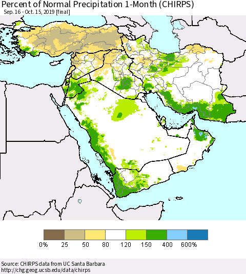 Middle East and Turkey Percent of Normal Precipitation 1-Month (CHIRPS) Thematic Map For 9/16/2019 - 10/15/2019