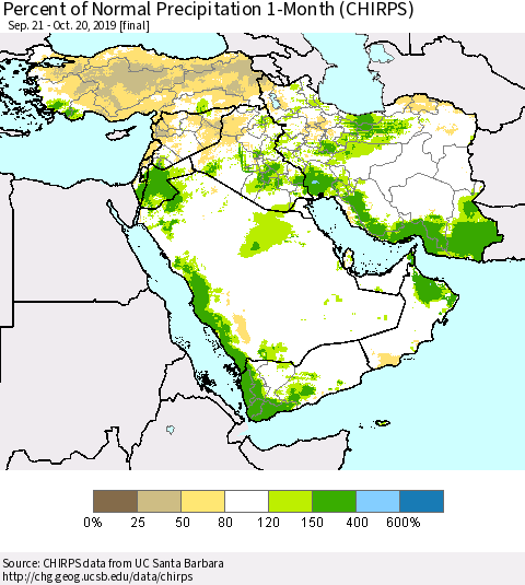 Middle East and Turkey Percent of Normal Precipitation 1-Month (CHIRPS) Thematic Map For 9/21/2019 - 10/20/2019