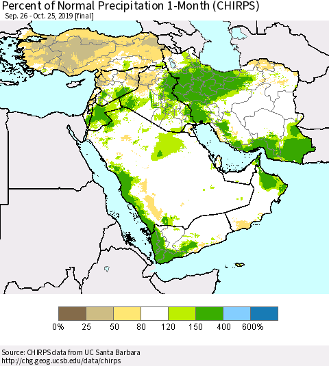 Middle East and Turkey Percent of Normal Precipitation 1-Month (CHIRPS) Thematic Map For 9/26/2019 - 10/25/2019
