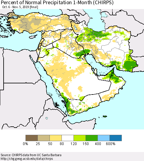 Middle East and Turkey Percent of Normal Precipitation 1-Month (CHIRPS) Thematic Map For 10/6/2019 - 11/5/2019
