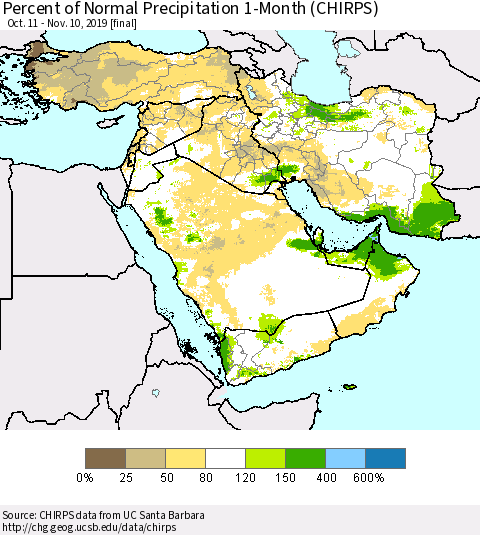 Middle East and Turkey Percent of Normal Precipitation 1-Month (CHIRPS) Thematic Map For 10/11/2019 - 11/10/2019