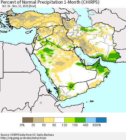 Middle East and Turkey Percent of Normal Precipitation 1-Month (CHIRPS) Thematic Map For 10/16/2019 - 11/15/2019