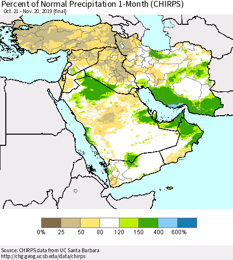 Middle East and Turkey Percent of Normal Precipitation 1-Month (CHIRPS) Thematic Map For 10/21/2019 - 11/20/2019