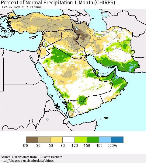 Middle East and Turkey Percent of Normal Precipitation 1-Month (CHIRPS) Thematic Map For 10/26/2019 - 11/25/2019