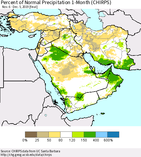 Middle East and Turkey Percent of Normal Precipitation 1-Month (CHIRPS) Thematic Map For 11/6/2019 - 12/5/2019