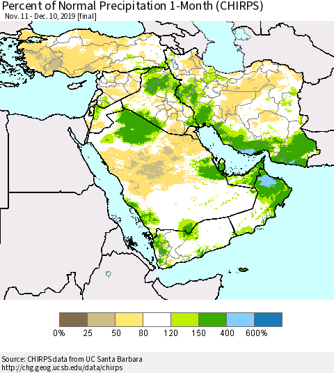 Middle East and Turkey Percent of Normal Precipitation 1-Month (CHIRPS) Thematic Map For 11/11/2019 - 12/10/2019