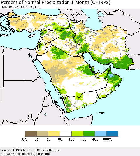 Middle East and Turkey Percent of Normal Precipitation 1-Month (CHIRPS) Thematic Map For 11/16/2019 - 12/15/2019