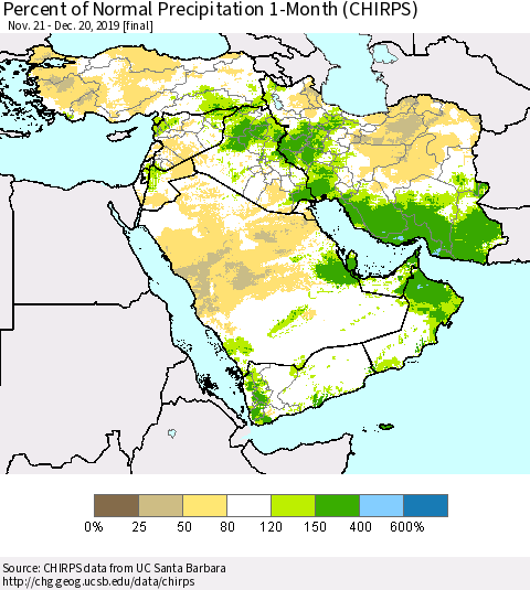 Middle East and Turkey Percent of Normal Precipitation 1-Month (CHIRPS) Thematic Map For 11/21/2019 - 12/20/2019
