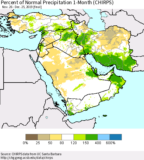 Middle East and Turkey Percent of Normal Precipitation 1-Month (CHIRPS) Thematic Map For 11/26/2019 - 12/25/2019