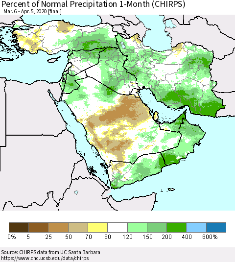 Middle East and Turkey Percent of Normal Precipitation 1-Month (CHIRPS) Thematic Map For 3/6/2020 - 4/5/2020