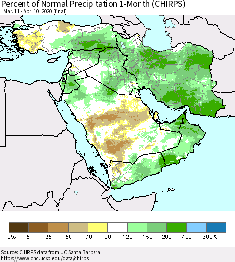 Middle East and Turkey Percent of Normal Precipitation 1-Month (CHIRPS) Thematic Map For 3/11/2020 - 4/10/2020