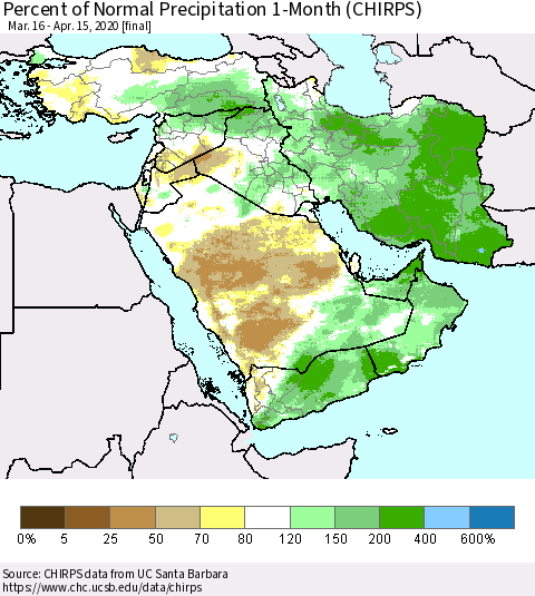 Middle East and Turkey Percent of Normal Precipitation 1-Month (CHIRPS) Thematic Map For 3/16/2020 - 4/15/2020