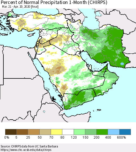 Middle East and Turkey Percent of Normal Precipitation 1-Month (CHIRPS) Thematic Map For 3/21/2020 - 4/20/2020