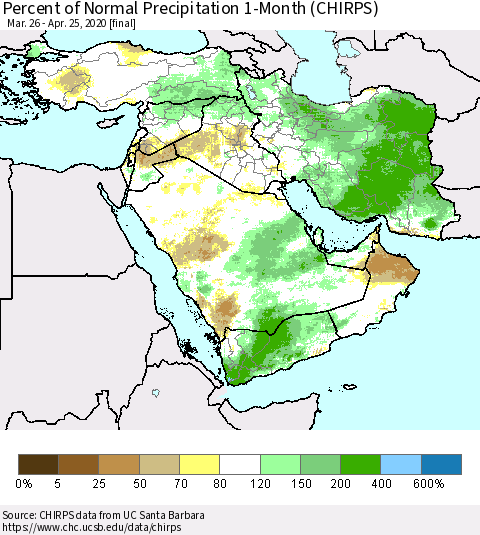 Middle East and Turkey Percent of Normal Precipitation 1-Month (CHIRPS) Thematic Map For 3/26/2020 - 4/25/2020