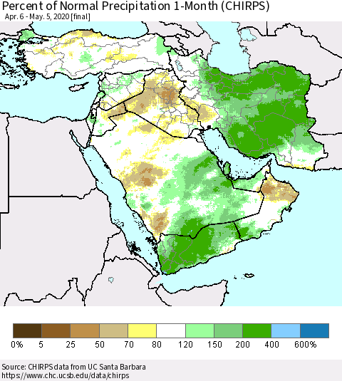 Middle East and Turkey Percent of Normal Precipitation 1-Month (CHIRPS) Thematic Map For 4/6/2020 - 5/5/2020
